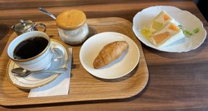 Coffee, salt roll, fruit sando  at MERCY Vegan Factory in Osaka