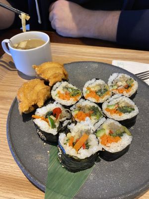 gimbap and fried karumafu (gluten) set - came with soup and rooibos tea  #Veganuary at MERCY Vegan Factory in Osaka