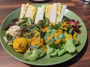 Egg sandwich and salad at MERCY Vegan Factory in Osaka
