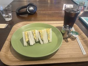Egg sandwich and a coffeee  at MERCY Vegan Factory in Osaka