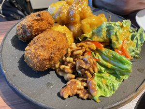 potato croquets and cauliflower wings  at MERCY Vegan Factory in Osaka