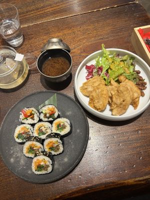 Gimbap, miso soup with yuba pieces, 5pcs kurumafu and ginger tea  at MERCY Vegan Factory in Osaka