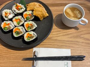 Gimbap and kurumafu combo at MERCY Vegan Factory in Osaka