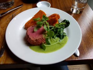 Beetroot, Bramley Apple and Dunsyre Blue cheese mousse at David Bann Restaurant in Edinburgh