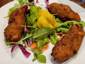 Aubergine chickpea and cashew kofta at David Bann Restaurant in Edinburgh
