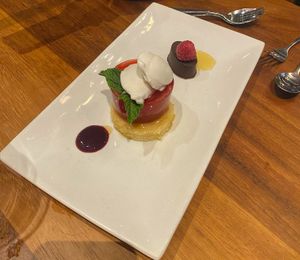 Raspberry jelly with lemon cake an drum sorbet  at David Bann Restaurant in Edinburgh