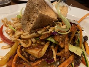 Stirfried vegetables and aduki beans with noodles and smoked tofu at David Bann Restaurant in Edinburgh