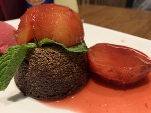 Chocolate cake with plum and port compote at David Bann Restaurant in Edinburgh