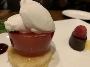 Raspberry jelly with lemon cake and rum sorbet at David Bann Restaurant in Edinburgh