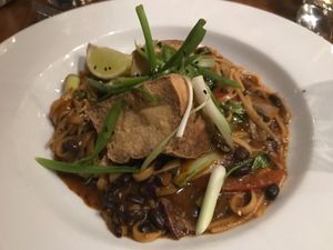 Smoked tofu and noodles. Highly recommended  at David Bann Restaurant in Edinburgh