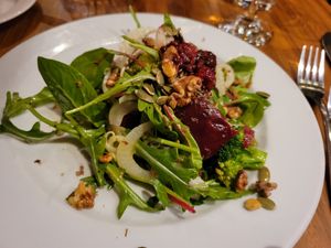 Fennel, beet, broccoli,  toasted walnut salad with fresh raspberry dressing at David Bann Restaurant in Edinburgh