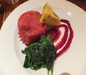 Beetroot, spinach and olive polenta at David Bann Restaurant in Edinburgh