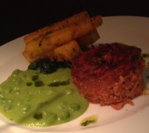 Apple, beetroot and blue cheese bake with polenta, cheddar chips (not vegan) at David Bann Restaurant in Edinburgh