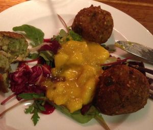 Favourite Vegan Brocolli and Tofu Fritters with mango banana chutney  at David Bann Restaurant in Edinburgh