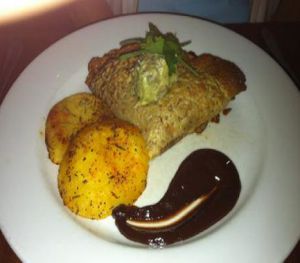 Chilli crepe with griddled potato and chocolate sauce.
oops my mom tried the chocolate sauce so fast before the photo at David Bann Restaurant in Edinburgh