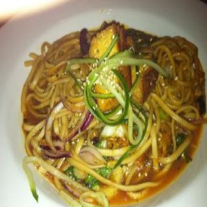 Organic Udon noodles with ginger red pepper sauce and home smoked tofu.
Wish you could see the ingredients- they have them on his website- 'DavidBann' at David Bann Restaurant in Edinburgh