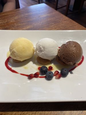 Pineapple, chocolate. Coconut & rum ice cream.   at David Bann Restaurant in Edinburgh