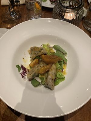 Peach gnocchi salad - delicious  at David Bann Restaurant in Edinburgh