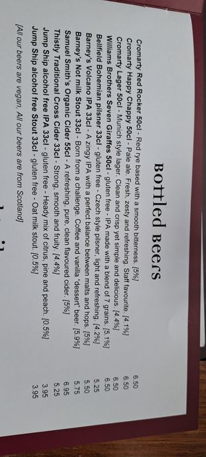 Lots of Scottish vegan alcohol and no/Low alcohol beers at David Bann Restaurant in Edinburgh