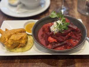 Beet Curry with fried bananas  at David Bann Restaurant in Edinburgh