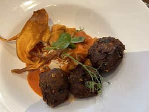 Koftas, sweet potato, veg crisps  at David Bann Restaurant in Edinburgh