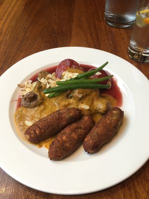 Koftas with pear, chickpea sauce, mushroom & beans at David Bann Restaurant in Edinburgh