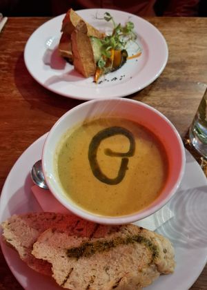 Mushroom and dill soup and David's signature smoked tofu at David Bann Restaurant in Edinburgh