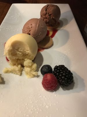 selection of pineapple/ beetroot, coconut, whiskey/ chocolate ice cream at David Bann Restaurant in Edinburgh