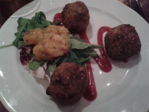 Tofu and broccoli fritters (vegan starter) at David Bann Restaurant in Edinburgh