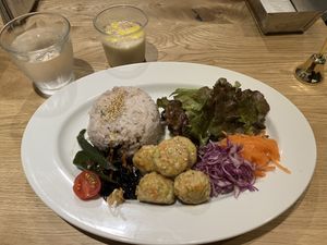 Lunch plate with soy meat balls and soy milk soup  at nagi in Nagoya