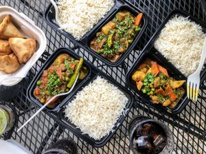 Vegetarian Curry Bento Box, Samosas -V, GF, VE, DF, at East Village Cafe in Monterey