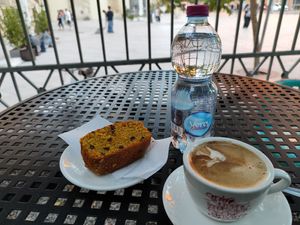 Vegan pistacchio cake, barley cappuccino soy at Astoria in Lecce
