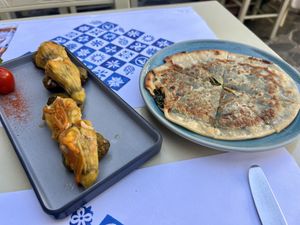 Stuffed leaves and zucchini flowers and fennel pie   at Agrimia Restaurant in Crete