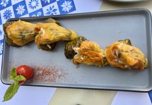 Delicious stuffed flowers and grape leaves   at Agrimia Restaurant in Crete