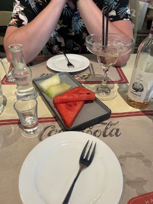 Complimentary fruits and raki for dessertt  at Agrimia Restaurant in Crete