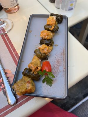 Stuffed wine leaves and zucchini flowers - very good!  at Agrimia Restaurant in Crete