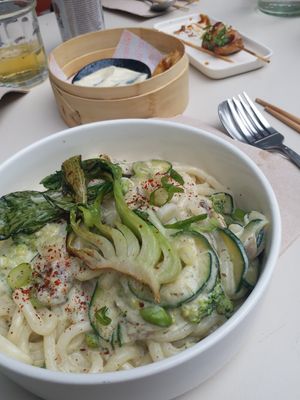 Creamy udon noodles at Bodhi in Leuven