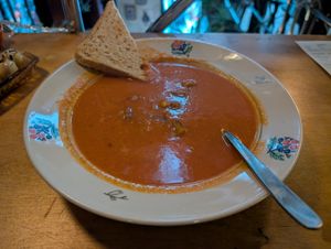 Tomato soup with tofu bacon bits at Traven - Травень in Lviv
