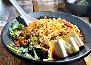 Spicy Mapo Ramen (Vegan)
Shiitake mushroom, fermented black bean, sichuan pepper, tofu, cilantro, scallions at Ruckus Ramen in Lansing