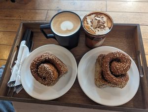 Sweet sesame rolls (so good!) plus oat-cappuccino and peanut latte at Dripper Baker in Daegu