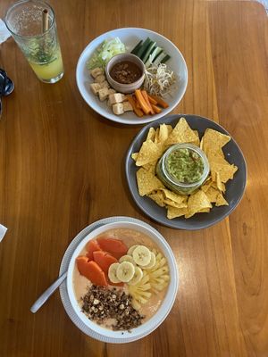 Gado gado, guacamole with corn chips and papaya smoothie bowl   at ShamanaMama in Gianyar