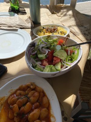 Giant beans, greek salad without feta, greek fava  at Nefeli-Anait in Kefalonia