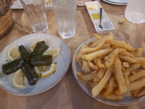 Fresh fries and dolmades at Nefeli-Anait in Kefalonia