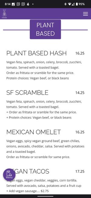 Plant based menu at Stacks in Campbell