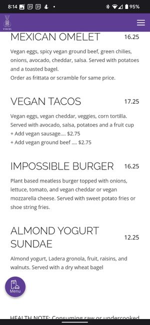 Plant based menu at Stacks in Campbell