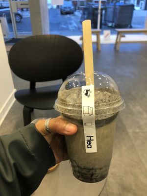 Iced black sesame latte with vegan milk and brown sugar jellies  at Hea Tea & Coffee in Aberdeen