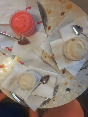 Strawberry ice cream, mint and chocolate ice cream, and peanut and something (can't recall) frozen yogurt at Loved Gelato in Istanbul