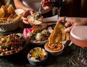 Sesame Falafel
Chickpea Salad
Traditional Hummus
Moroccan style Muhammara
All Sour Cocktails made with Aquafaba at Uncanny in Newtown