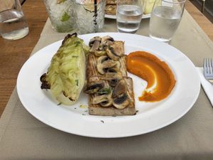 Grilled Tofu & Cabbage (with mushrooms and sweet potato purée)  at Casa Del Mar in Albufeira
