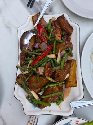 Aubergine and green beans at Tao Tao Ju in London